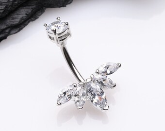 Lotus Marquise Floral Sparkle Belly Button Ring-Clear Gem