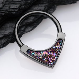 Blackline Druzy Stone Sparkle Chevron Seamless Clicker Hoop Ring-Black/Rainbow