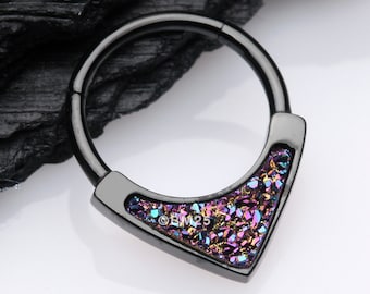 Blackline Druzy Stone Sparkle Chevron Seamless Clicker Hoop Ring-Black/Rainbow