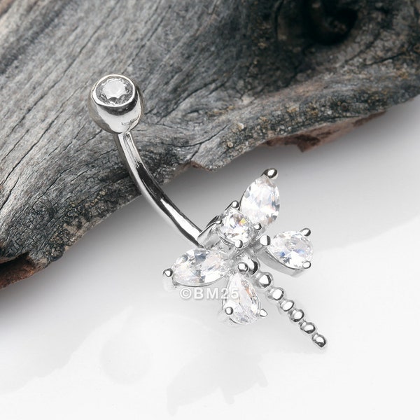 14 Karat White Gold Marquise Teardrop Sparkle Gem Dragonfly Belly Button Ring-Clear Gem