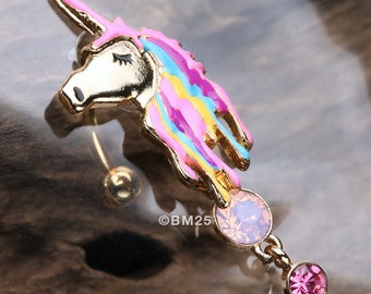 Golden Magical Unicorn Sparkle Reverse Belly Button Ring-Rose Water Opal/Fuchsia