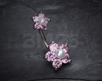 Pearl Bead Flower Sparkle Belly Ring - Pink