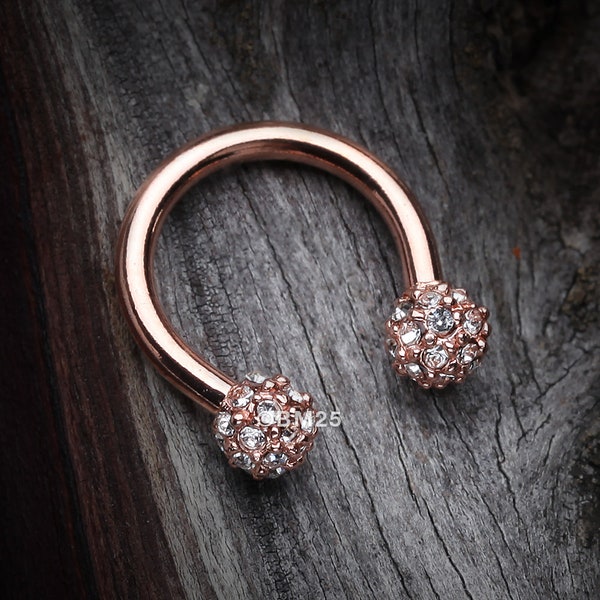 Rose Gold Pave Sparkle Full Dome Horseshoe Circular Barbell-Clear Gem