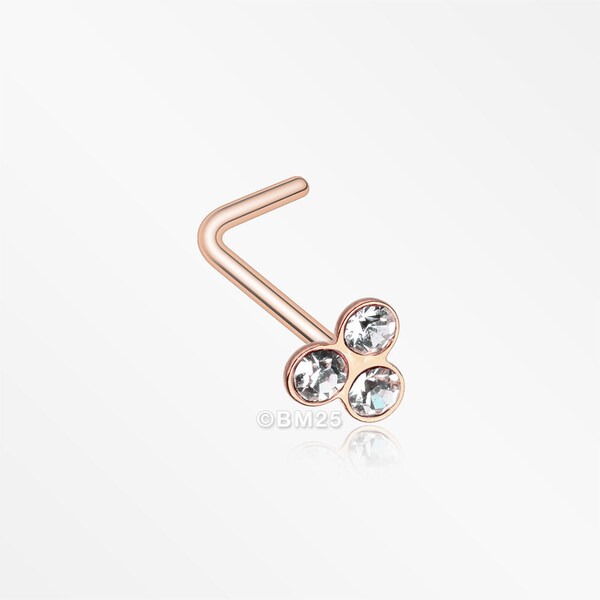 Rose Gold Trinity Gem Top L-Shaped Nose Ring-Clear Gem