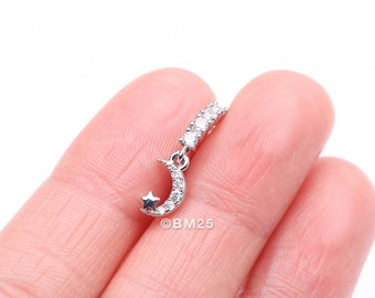 Crescent Moon and Star Sparkle Dangle Multi-Gem Lined Bendable Hoop Ring-Clear Gem