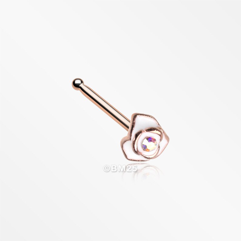 Rose Gold White Rose Blossom Sparkle Nose Stud Ring