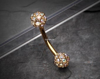 Golden Pave Sparkle Full Dome Curved Barbell Ring - Aurora Borealis (daith, rook, cartilage, eyebrow)