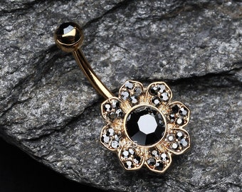 Golden Avens Flower Sparkle Belly Button Ring-Hematite