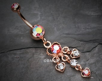 Rose Gold Sparkle Multi Heart Belly Button Ring-Pink/Aurora Borealis