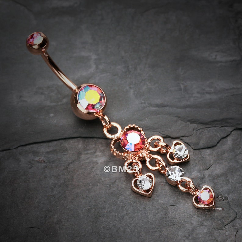 Rose Gold Sparkle Multi Heart Belly Button Ring-Pink/Aurora Borealis
