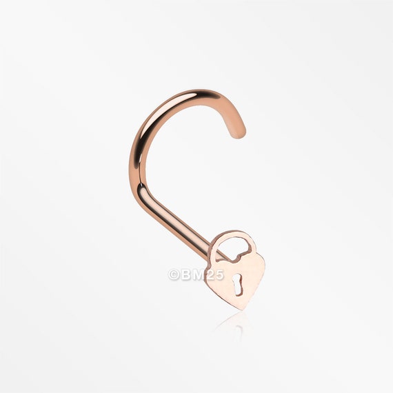 Rose Gold Dainty Heart Lock Nose Screw Ring Etsy