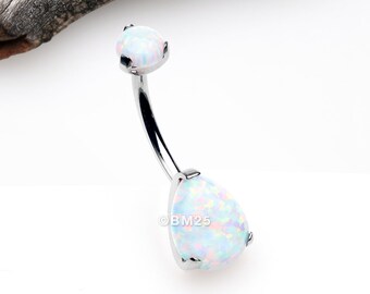 Implant Grade Titanium Internally Threaded Teardrop Opal Prong Belly Button Ring-White Opal