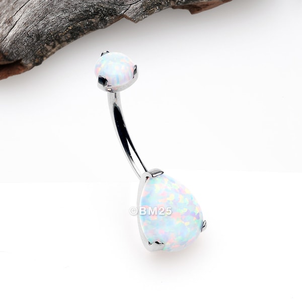 Implant Grade Titanium Internally Threaded Teardrop Opal Prong Belly Button Ring-White Opal