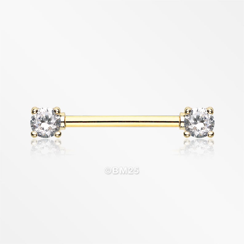 A Pair of Golden Double Prong Gem Nipple Barbell Ring Clear Gem
