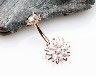 Rose Gold Marquise Sparkle Flower Internally Threaded Belly Button Ring-Clear Gem