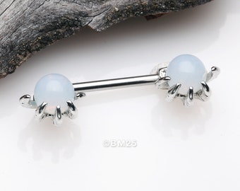 A Pair of Moonstone Orb Shine Skeleton Hand Nipple Barbell