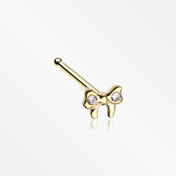 Golden Dainty Bow-Tie Sparkle Nose Stud Ring-Clear Gem