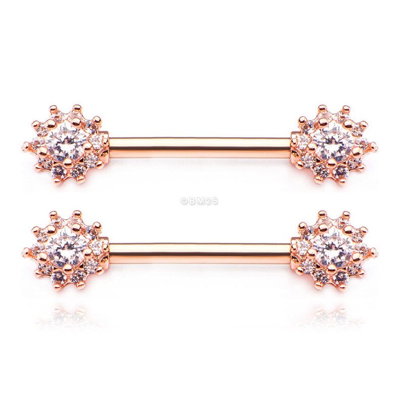 A Pair of Rose Gold Glistening Flower Sparkle Nipple Barbell