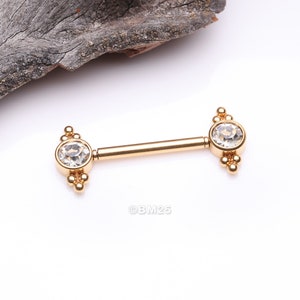 A Pair of Golden Majestic Bali Beads Sparkle Threadless Nipple Barbell-Clear Gem