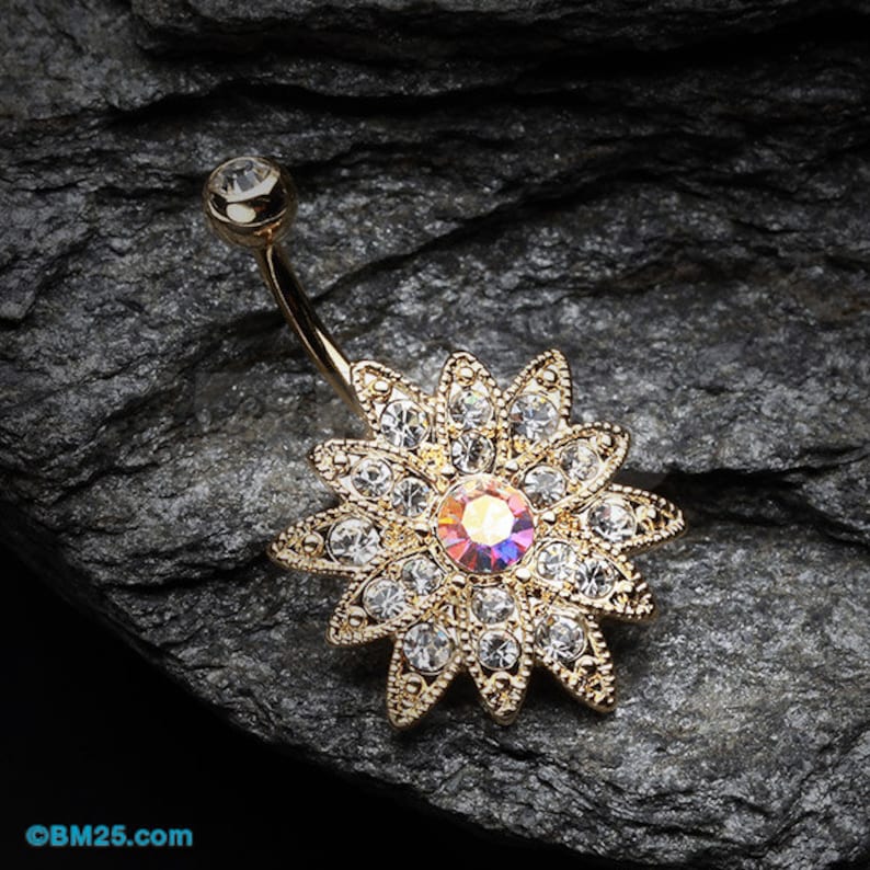 Golden Chrysanthemum Flower Belly Button Ring 