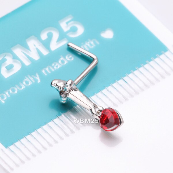 Royal Dagger Blood Red Heart Gem Dangle L-Shaped Nose Ring-Hematite/Red