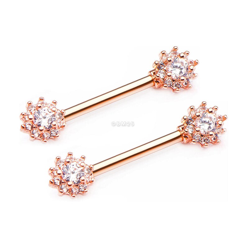 A Pair of Rose Gold Glistening Flower Sparkle Nipple Barbell