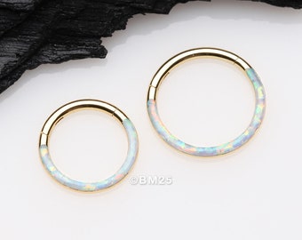 Golden Brilliant Fire Opal Lined Front Facing Seamless Clicker Hoop Ring-White Opal