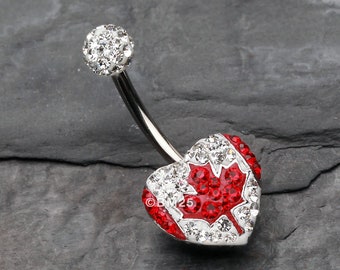 Canada Flag Heart Multi-Gem Sparkle Belly Button Ring-Red