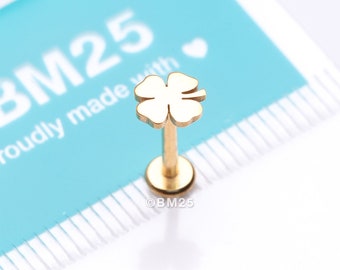 Golden Lucky Charm Clover Top Internally Threaded Labret Flat Back Stud