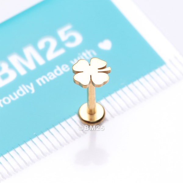 Golden Lucky Charm Clover Top Internally Threaded Labret Flat Back Stud