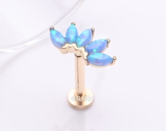 14 Karat Gold OneFit™ Threadless Brilliant Marquise Fire Opal Flower Flat Back Stud Labret-Blue Opal