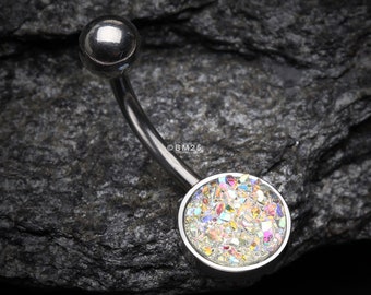 Iridescent Druzy Sparkle Steel Belly Button Ring-Aurora Borealis