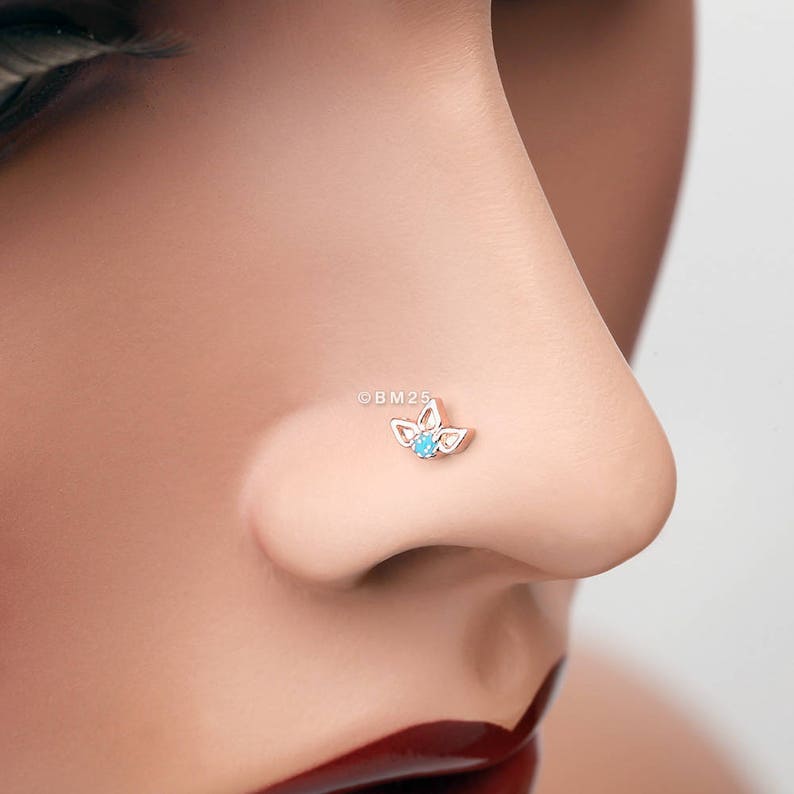 Rose Gold Lotus Ornate Sparkle L-Shaped Nose Ring-Teal