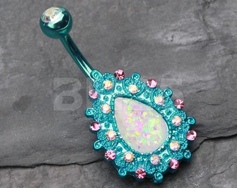 Colorline Eirene Opal Belly Button Ring - Teal/Aurora Borealis