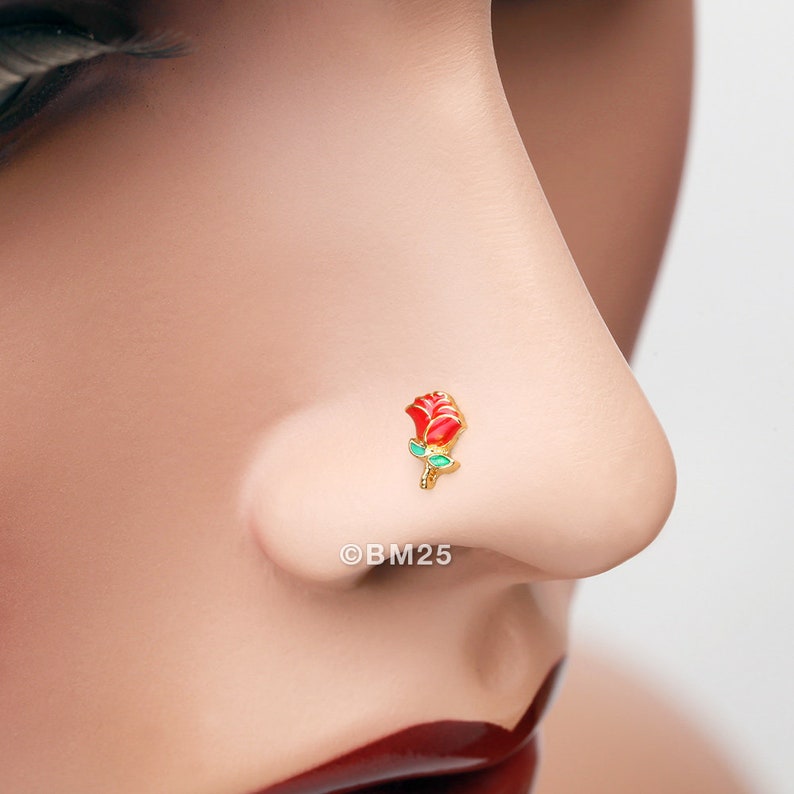 Golden Vintage Enchanted Stem of Rose Nose Stud Ring
