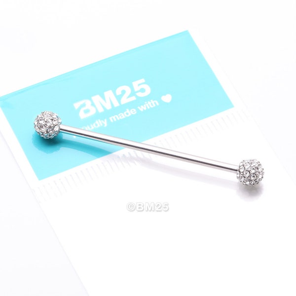 Pave Sparkle Full Dome Industrial Barbell-Clear Gem