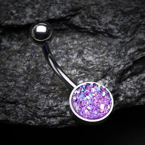 Iridescent Druzy Sparkle Steel Belly Button Ring-Purple