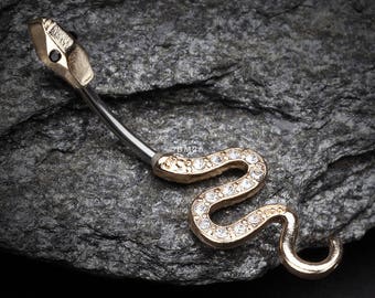 Golden Snake Sparkle Belly Button Ring-Clear Gem