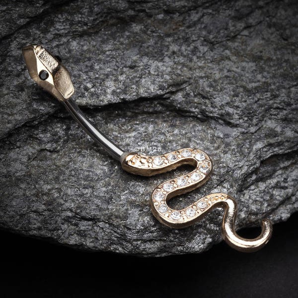 Golden Snake Sparkle Belly Button Ring-Clear Gem