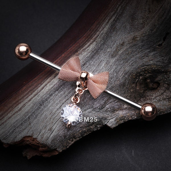 Rose Gold Adorable Mesh Bow-Tie Industrial Barbell-Clear Gem