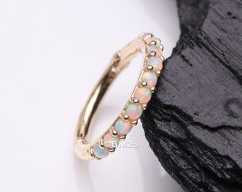 14 Karat Gold Fire Opal Sparkle Lined Clicker Hoop Ring-White Opal