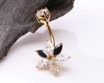 Golden Marquise Brilliance Leaflet Flower Sparkle Belly Button Ring-Clear Gem/Black
