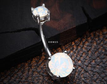 Opalite Sparkle Prong Set Belly Button Ring-White Opal