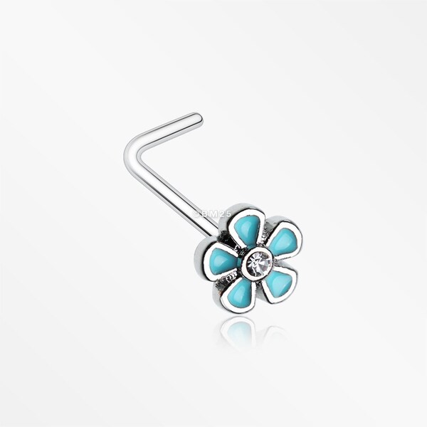 Adorable Plumbago Flower Sparkle L-Shaped Nose Ring-Clear Gem