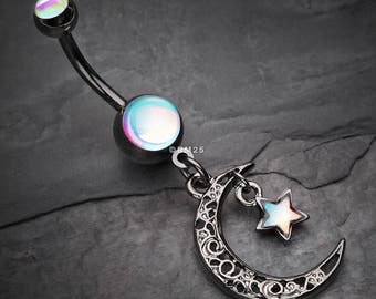 Hematite Crescent Filigree Moon Star Sparkle Belly Button Ring