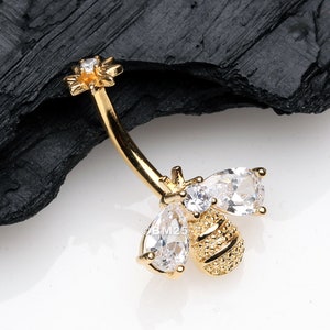 Golden Flower Sparkle Honey Bee Internally Threaded Belly Button Ring-Clear Gem