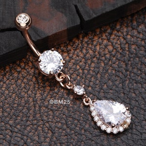 Rose Gold Brilliant Teardrop Lux Sparkle Dangle Belly Button Ring-Clear Gem