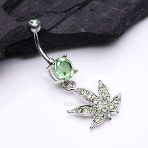 Marijuana Leaf Sparkle Belly Ring-Light Green