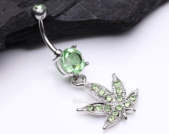 Marijuana Leaf Sparkle Belly Ring-Light Green