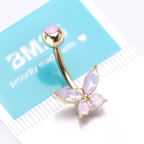 Golden Pink Opalite Sparkle Butterfly Belly Button Ring